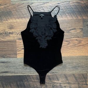 Express Black Velvet Lace-Front Bodysuit